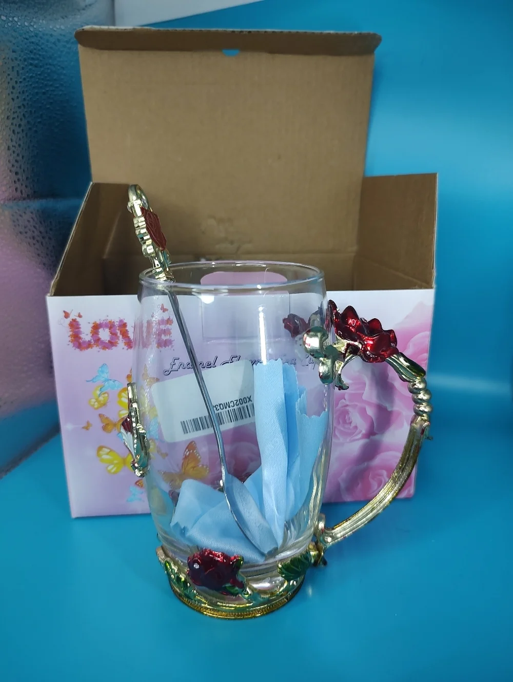Handicraft Crystal Glass 3D Flower Tea Cup with Spoon Red Rose Accents